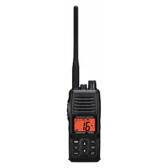 Analog handheld marine VHF radio operating on 134–174 MHz with 1,065 channels and 5 W transmit power. Features Dual/Tri Watch, NOAA Weather Channels with Weather Alert, IPX7 waterproof rating, and 10-hour Li-Ion battery. Includes rapid charger and VOX capability. FCC license required.