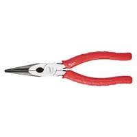 These 8 in needle-nose pliers feature a 2 1/2 in serrated jaw with a 1/8 in tip width and a 2 5/8 in max jaw opening. The integrated cutter allows for cutting wire and small fasteners. Suitable for precision gripping, bending, and cutting in confined spaces