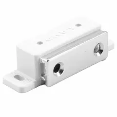 Plastic magnetic push-to-close catch with pull opening action. Measures 5/8 in height and 2 3/8 in width. Used in cabinets, enclosures, and access panels requiring a low-profile latching solution with tool-free access.
