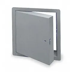 This steel locking access door is designed for wall mounting, providing secure access to plumbing, electrical, or HVAC equipment. It features a piano hinge, exposed flange, and a white powder-coated finish. The 16-gauge steel frame ensures structural integrity for commercial or industrial interiors.