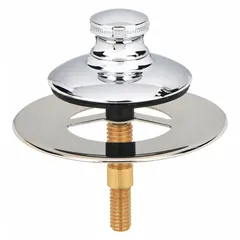 This WATCO bathtub drain stopper is made of plastic with a chrome-plated finish and silver color. It features a push-and-pull operation for easy opening and closing. With a 2 7/8-inch overall diameter, it is designed to seal standard bathtub drains, allowing water to fill the tub for bathing.