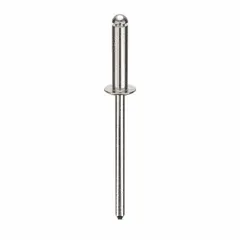 Open-end large flange blind rivet with 0.122" diameter and 1.596" overall length. Body length is 1/2". Supplied in a 500-piece pack. Used for fastening materials where only one side is accessible, such as sheet metal and general assembly.