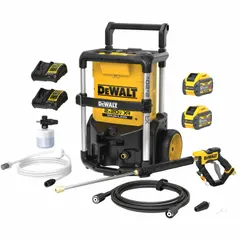 This cold water pressure washer delivers 1600 psi at 1.4 gpm flow rate, powered by a 20V battery system. It is mounted on a cart for mobility and suited for outdoor cleaning tasks such as washing vehicles, patio furniture, decks, and driveways.