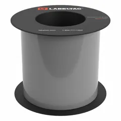 Thermal transfer continuous label roll for industrial labeling applications such as pipe marking, safety signs, and equipment identification. Vinyl construction with gray gloss finish, rated for indoor/outdoor use. Compatible with LabelTac 9 printer series (MPN LT508-C).