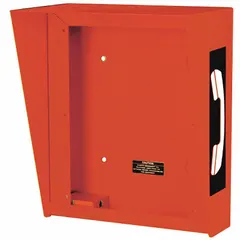 Red aluminum hooded enclosure with polyurethane finish for flush-mount telephones. Surface-mountable and corrosion resistant. Includes two phone decals.