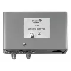Mechanical lube oil pressure control with 120-second time delay and alarm circuit. Designed for use with Copeland compressors and non-corrosive refrigerants. Input voltage 240V AC. Provides protection by shutting down the compressor if oil pressure drops below the set point for the delay period.