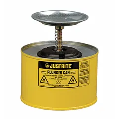 This JUSTRITE plunger can is constructed from powder coated steel in yellow. It is designed for dispensing flammable solvents and cleaning liquids in industrial and laboratory settings. The self-closing plunger mechanism allows controlled dispensing while minimizing vapor release.