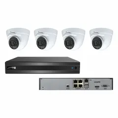 Outdoor fixed turret camera kit with 4MP resolution (2560 x 1440) and 0 lux minimum light level for low-light surveillance. Operates on 12V DC and includes a recorder with 48VDC, 1.5A power supply. Suitable for perimeter, parking lot, and building exterior monitoring.