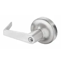 Chrome-finished lever trim for mechanical exit devices, suitable for doors up to 48 inches wide. ADA compliant lever outside trim type. Not ligature-resistant. Used on exit push bars in commercial or institutional openings requiring egress and accessibility