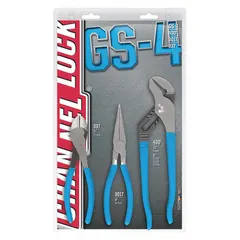 Three-piece pliers set with standard cushion grip handles for manual operation. Includes an 8-inch needle nose plier and a diagonal plier, covering a pliers range of 2 to 5. Suitable for general gripping, cutting, and bending tasks in maintenance and assembly applications.