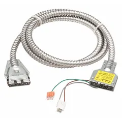 This modular wiring cable includes power feed wires and is designed for use with Z Series fluorescent striplights. It measures 7 inches in length, 2 1/4 inches in width, and 1 1/4 inches in height. Suitable for commercial and industrial lighting installations requiring flexible wiring connections.