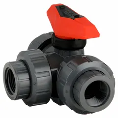 This three-way ball valve features an L flow pattern for diverting or mixing flow in piping systems. Constructed of PVC with FNPT threaded ends, it includes a locking lever handle for secure operation. Suitable for water treatment and chemical processing applications requiring corrosion resistance.