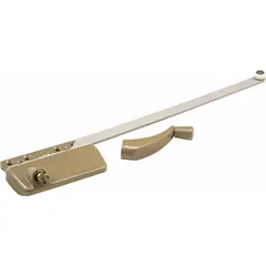 This right-hand surface-mount crank window operator is designed for casement windows. It includes a crank handle and features a gray enamel-coated finish. The base length is 3 inches. Suitable for opening and closing casement window sashes.