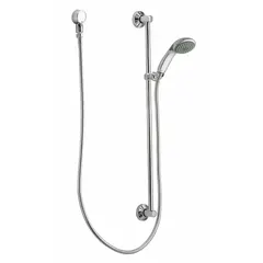 This MOEN Commercial Series handheld showerhead features a chrome finish, 1.5 gpm flow rate, and 3 3/8 in width. Constructed with metal and rubber, it includes a hose, mounting bracket, and slide bar. Suitable for washdown stations, maintenance areas, and janitorial sinks in commercial or industrial settings.