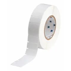 White matte vinyl wraparound label measuring 1 1/2 in by 3/4 in, designed for wire and cable identification on 8 AWG to 4 AWG wire gauge. Compatible with THT printer series, requires R4302 ribbon. Used in industrial settings for marking electrical wiring, panels, and equipment.