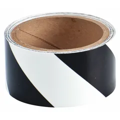 This glow-in-the-dark floor marking tape features a striped black/white pattern for high visibility in low-light or emergency conditions. The polyester backing with 8 mil thickness provides durability for marking pathways, exits, and hazards. Tape measures 2 inches wide by 15 feet long with no message legend.