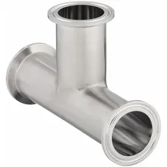 This 316L stainless steel sanitary tee fitting has a 1 1/2 in OD x 1 1/2 in OD x 1 1/2 in OD clamp-style configuration. It is manufactured to ASME BPE standards for use in hygienic piping systems that require clean-in-place (CIP) and sterilize-in-place (SIP) capabilities. The tee allows splitting or combining flow in sanitary process lines.