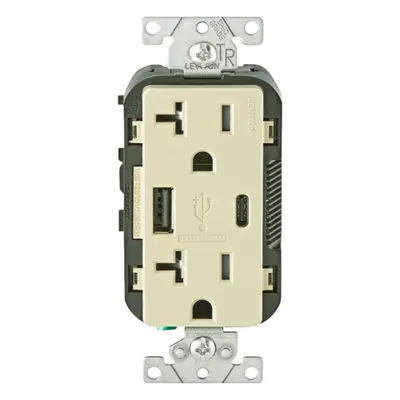LEVITON Receptacle: Duplex, 5-20R, USB Type A/C, Ivory, 125V AC - Weather-Resistant Receptacles with USB Chargers