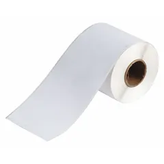 White matte polyester label roll, 4 in x 100 ft, for indoor use. Inkjet print-receptive surface compatible with BradyJet J2000 printer series. Used for industrial labeling such as asset tracking, equipment identification, and safety signage.