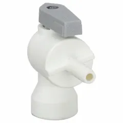 This Parker manual two-way ball valve features a one-piece polypropylene angle body with 1/4 inch barb x FNPT end connections and a lever handle. It is used for on/off flow control in low-pressure water, air, and chemical fluid handling systems where corrosion resistance is required.