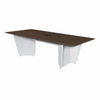 Rectangular conference table with laminate/melamine top in Neo Walnut finish and PVC edge banding. Seats 8 people with an overall length of 96 inches. Suitable for meeting rooms and boardrooms in professional environments