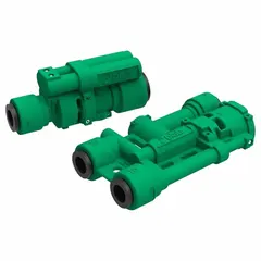 In-line vacuum generator with two COAX MICRO Ti05-2 cartridges in a 2-stage configuration. Features an 8 mm tube female connection and a 10 mm tube connection. Used for automated material handling, packaging, and robotics applications requiring efficient vacuum generation for gripping and lifting tasks.