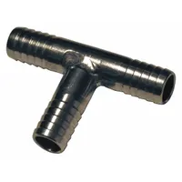 This 303 stainless steel rigid barbed hose fitting connects two hoses with a hose barb x hose barb, male x male configuration. It is suited for air, water, and chemical transfer in industrial fluid handling systems. The fitting accommodates 1/4 in hose I.D. and features a no knurl nipple grip type