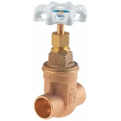 This bronze gate valve features a non-rising stem design, making it suitable for installations with limited vertical clearance. It has sweat x sweat connections and a wheel handle for manual operation. The valve is rated for 300 psi CWP and includes a bronze wedge and bonnet. Commonly used in potable water systems for on/off flow control.
