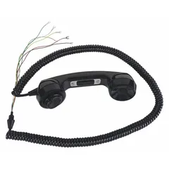 Black plastic pressbar handset for use with telephones. Compatible with Series 256 and model 227-001. Kit includes cable tie, curly cord, screws, and spring clip. Suitable for industrial communication systems requiring reliable voice transmission.