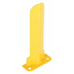 V-shaped steel guard for protecting door tracks and rack uprights from impact. Yellow powder coated finish for visibility. 3 in overall length, 0.2 in thickness. Mounts with lag bolts. Suitable for warehouses and industrial facilities.