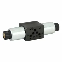 Solenoid-operated directional control valve with D05 NFPA size, three positions, and manual override. Designed for manifold mounting, it directs hydraulic fluid flow in industrial machinery such as manufacturing, material handling, and automation systems.