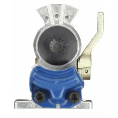 Steel, straight service gladhand with 3/8"-18 thread and integrated shut-off. Used for coupling pneumatic lines in air-brake or industrial air systems where positive sealing and flow control are required.
