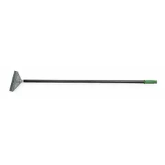 This floor scraper features a carbon steel blade with a bent shape and a galvanized steel handle. It is designed for removing floor coverings, adhesives, and heavy buildup from hard surfaces in industrial and commercial settings.