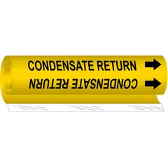Yellow wrap-around pipe marker with black legend reading 'Condensate Return' and directional arrows. Fits pipe outer diameters from 2-1/2 to 7-7/8 inches. Used to identify condensate return lines in steam and HVAC systems for clear pipe content indication.