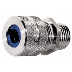 Straight metallic cable grip with 1/2 in MNPT box connection, accommodating cord diameters from 0.38 in to 0.50 in. Aluminum body in silver finish with blue color-coded grommet. Rated IP66 and Class II, Division 1 & 2 for hazardous locations. Suitable for securing and sealing cables in industrial environments.