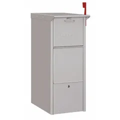 This horizontal mailbox for packages measures 36 inches high by 14 3/8 inches wide by 23 inches deep, finished in gray. It features one lockable front door and is designed for private or internal package collection where USPS Master Lock compliance is not required.