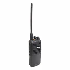 The RITRON PR-10M is a portable analog VHF radio operating on MURS frequencies at 2 watts with 16 channels. It features VOX capability for hands-free operation and a 14-hour battery life. No display is included, and no FCC license is required. Suitable for short-range two-way voice communication in industrial, commercial, and outdoor settings.