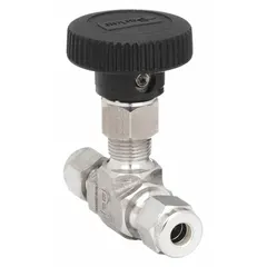 316 stainless steel inline needle valve from the V Series with regulating stem and integral bonnet. Features 1/4 in pipe size and compression x compression connections. PTFE packing. Designed for chemical media. Meets ISA S75.02 standards.