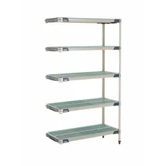 This stationary shelving unit features a 304 stainless steel frame and polymer shelves with antimicrobial resistance. It includes 5 shelves, measures 18 in x 42 in, and has an overall height of 74 in. Suitable for harsh environments requiring hygiene and corrosion resistance.
