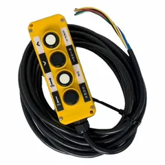 Remote control handset for hydraulic power units. Operates on 12V DC with Power Up/Down and Power In/Out functions. Features 4 buttons and a 15 ft cable. Used for wired control of hydraulic systems in applications such as dump trailers, hoists, and lift gates.