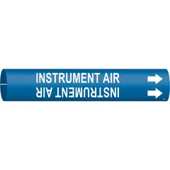 Blue snap-on pipe marker with white legend 'Instrument Air' and directional arrows. Fits pipe outer diameters from 3/4 to 1-3/8 inches. Used to identify instrument air lines in industrial piping systems.