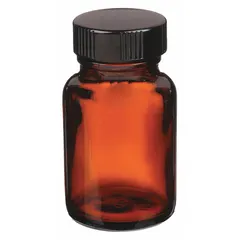 Amber glass bottle for general laboratory storage of light-sensitive materials. 60 mL capacity with 33-400 mm neck finish. Supplied with phenolic closure and pulp/vinyl liner. Suitable for reagents, standards, and biological specimens.