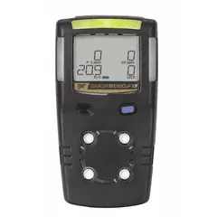 Multi-gas detector with integrated sampling pump for personal safety monitoring of hydrogen sulfide and oxygen levels. Powered by a lithium-ion battery and features a PC-compatible interface for data management. Housed in a black enclosure. Suitable for use in industrial environments such as refineries, chemical plants, and confined spaces.