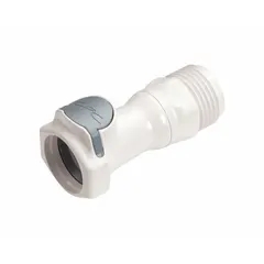 This polysulfone quick-disconnect tube fitting features a 3/4 in pipe size with a Quick-Disconnect Coupler x GHT connection type. It is used for fluid transfer in industrial applications requiring corrosion resistance and easy disconnection, such as water, air, and chemical handling.