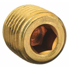 Threaded plug for sealing ports in high-pressure piping systems. Made from C36000 brass with 1/8 in NPT threads and a maximum operating pressure of 1000 psi. Length is 5/16 in. Suitable for hydraulic and pneumatic applications requiring a leak-proof closure.