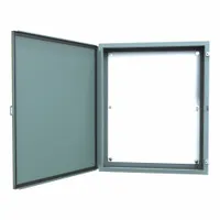 This steel enclosure is rated NEMA 12/13 for protection against dust, dirt, and non-corrosive liquids. It measures 36 x 30 x 8 inches and includes a panel. The solid hinged cover secures with clamps; knockouts are not provided. Typical applications include housing electrical controls and instruments in industrial environments