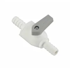 Manual two-way ball valve with a straight, one-piece polypropylene body and barb x barb connections. Features a lever handle for on/off or diverting flow control. Suitable for use in corrosive fluid handling and chemical transfer systems where compact, lightweight valves are required.