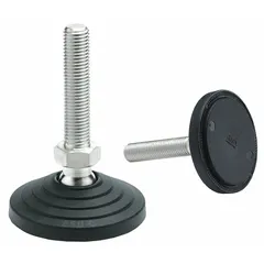 ESD-conductive male leveling mount with M16 thread, 60 mm length, and round zinc-plated base. Supports 14,000 N load capacity and includes a no-slip disk. Used for positioning and stabilizing industrial equipment while dissipating electrostatic discharge.