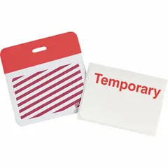 Temporary identification badge made of red vinyl with red legend. Card height 2 in, width 3 in. Supplied in a 500-pack. Designed for clip-on attachment to clothing or lanyards for visitor or event identification.