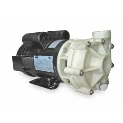 Single-phase, 230V AC centrifugal pump with a polypropylene housing and impeller for chemical resistance. Features a 3 hp maximum horsepower, Totally Enclosed Fan Cooled motor enclosure, and 1 1/2 in NPT connections. Suitable for transferring corrosive fluids in industrial processing, plating, and wastewater treatment applications.
